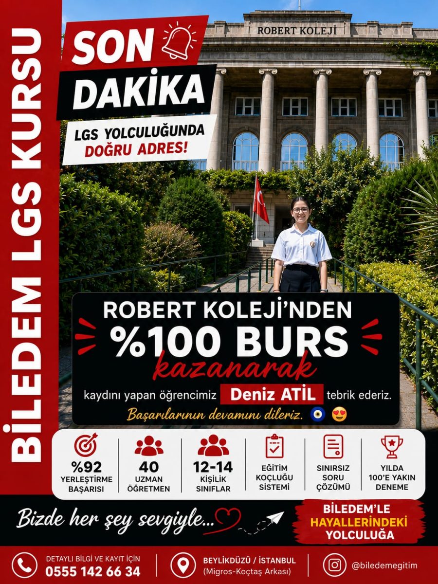 Robert Koleji'nden %100 burs afişimiz: öğrencimiz Deniz Atil okul binasının önünde